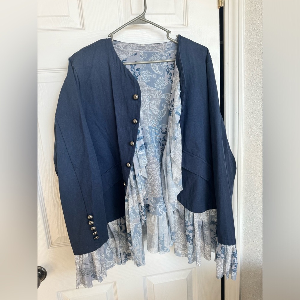 Chic Blue Women's Blazer with Paisley Ruffle Details
